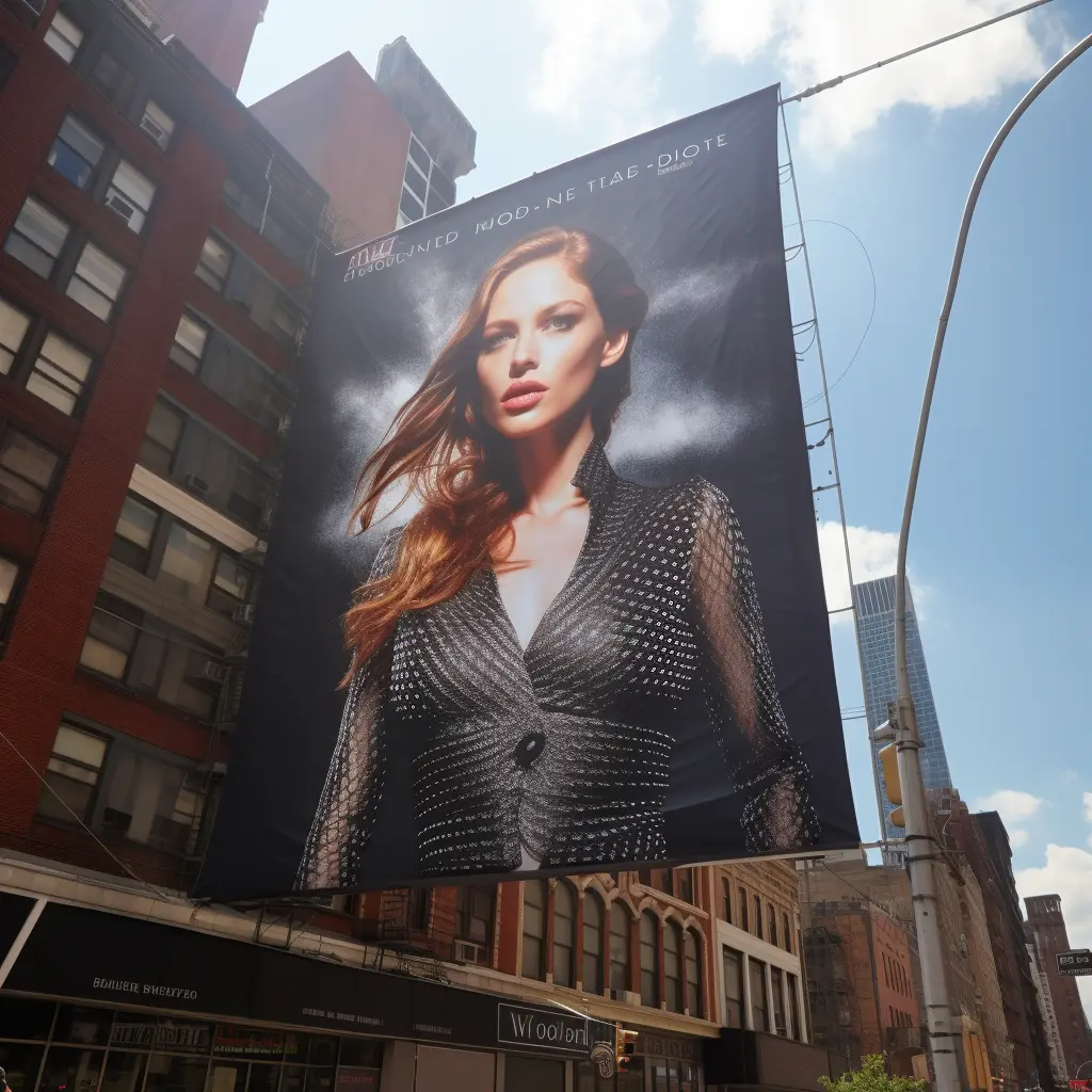 Mesh banner promoting a high-end fashion brand